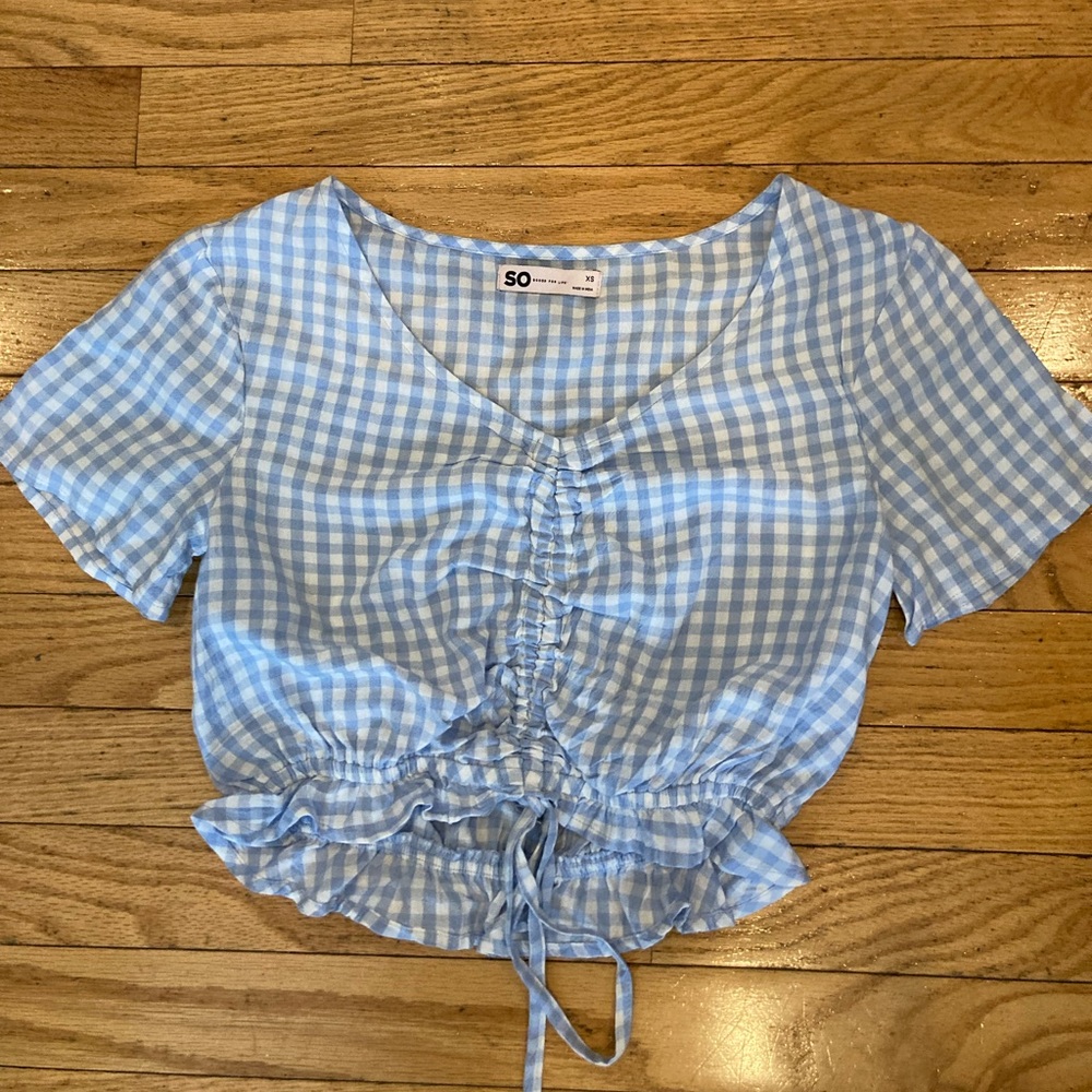 XS blue and white checkered crop top